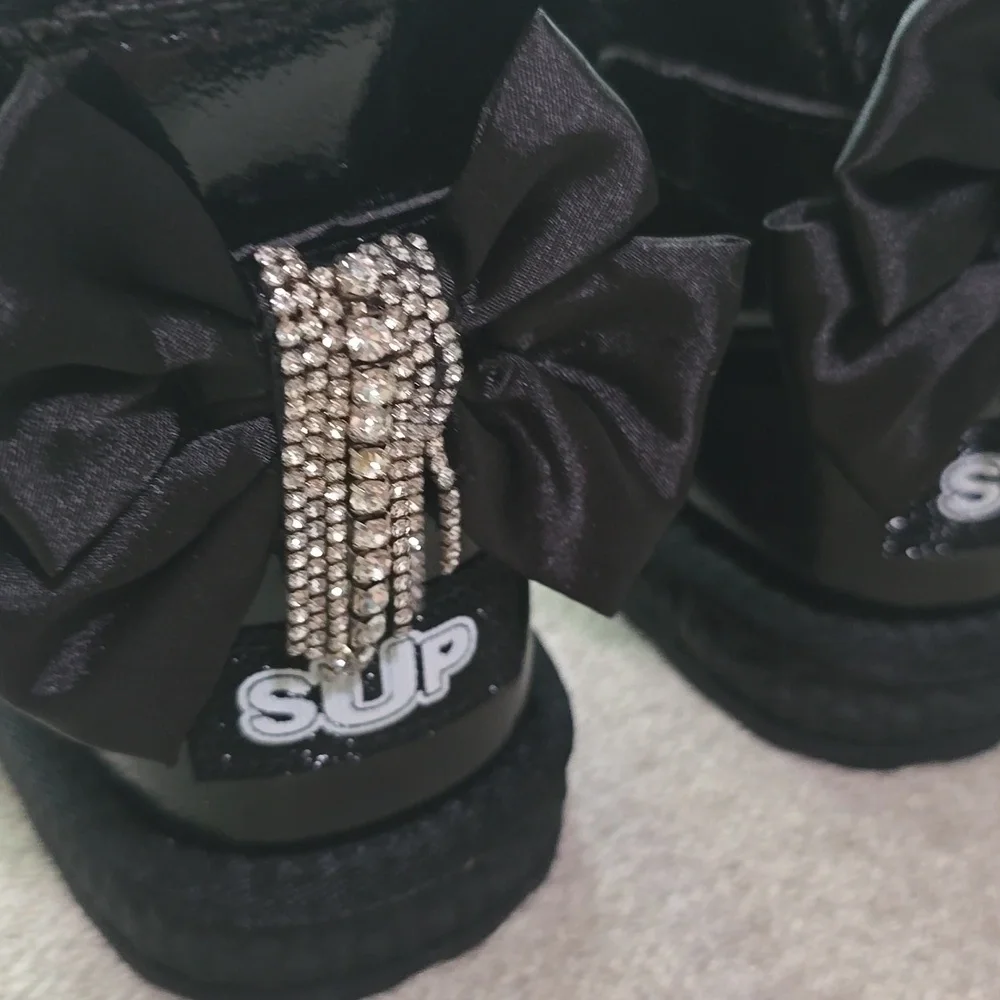 Metallic Black Faux Fur Rhinestone Tassel Bow Boots